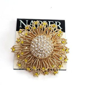 Napier Rhinestone Brooch Pin Gold Tone Floral Flower Fashion Glam Round DH780